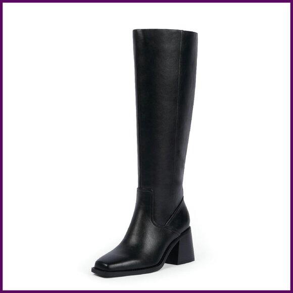 Knee High Boots with Zipper Square Toe Chunky Heel Tall Boots
